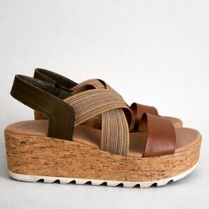 Sorel Cameron Flatform Slingback Sandal Cork Platform Olive Tan  Leather 8.5